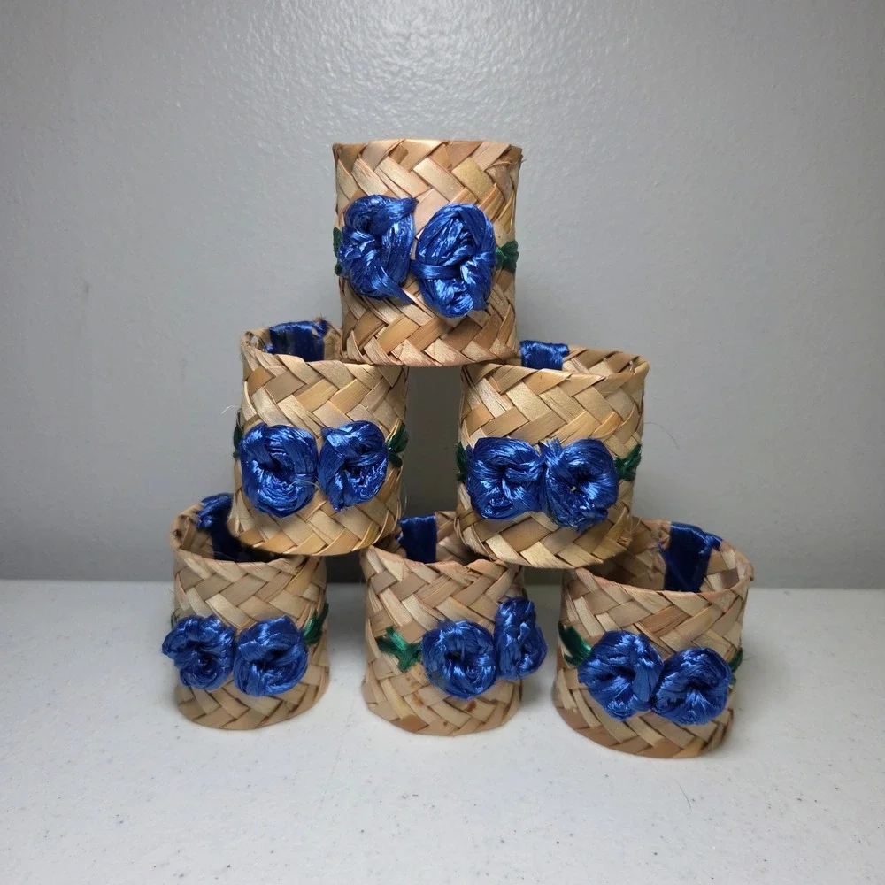 Vintage Rattan Wicker Flower Napkin Rings Blue Hawaii Style Set of 6